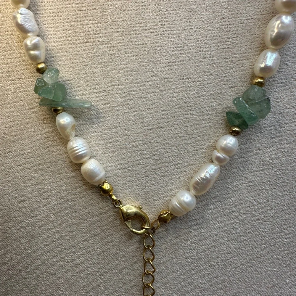 Women Necklace Green White Freshwater Pearl Aventurine Boho Coastal Gold Earthy